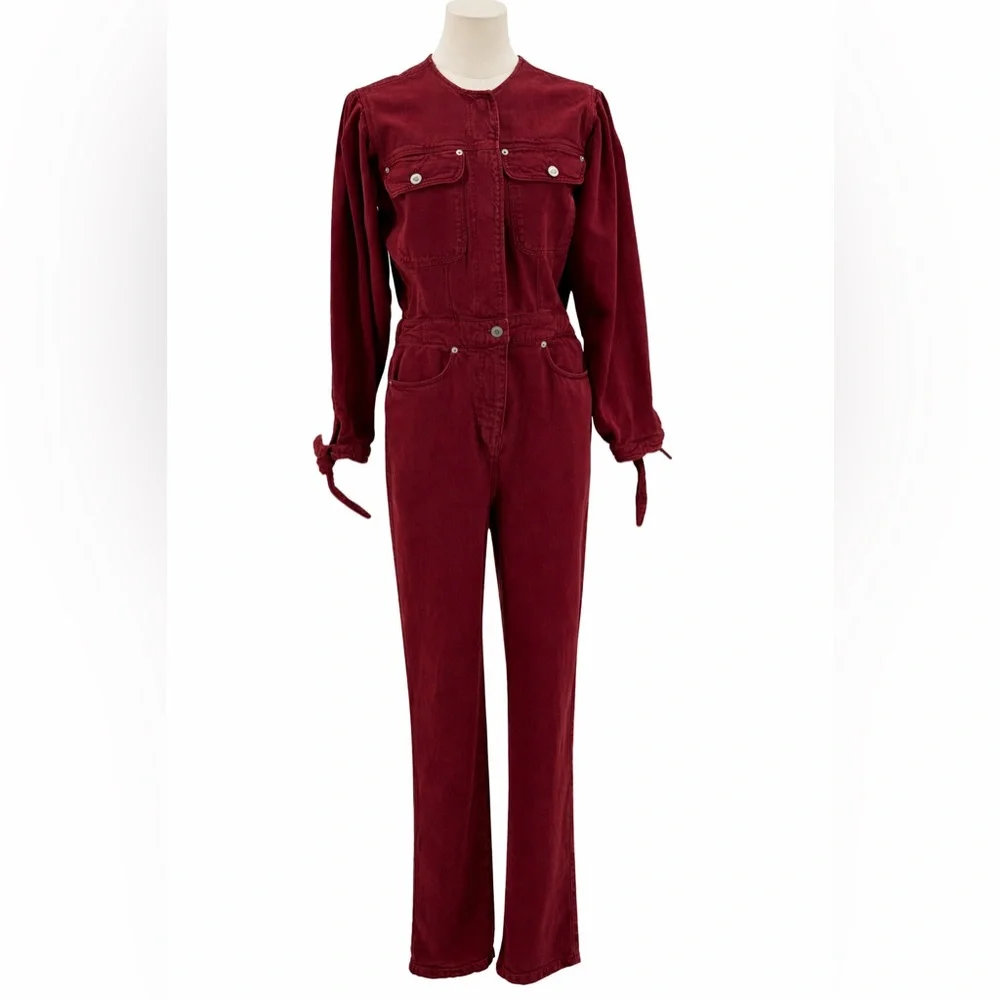 Zara The 80s Devon Burgundy Jumpsuit Long Sleeve Utility Romper Button Front - Picture 2 of 16